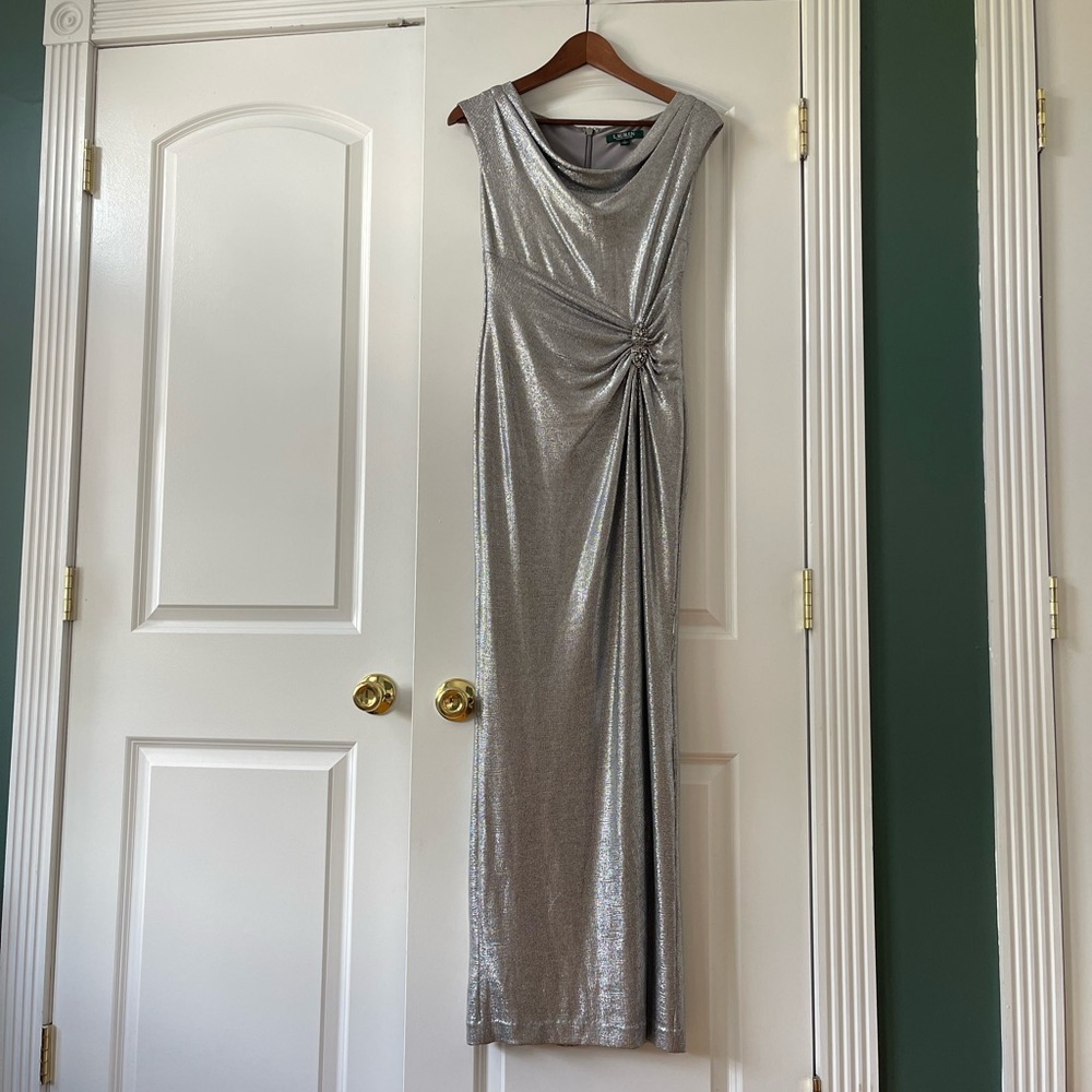 Ralph Lauren Silver Evening Gown with Diamond Brooch